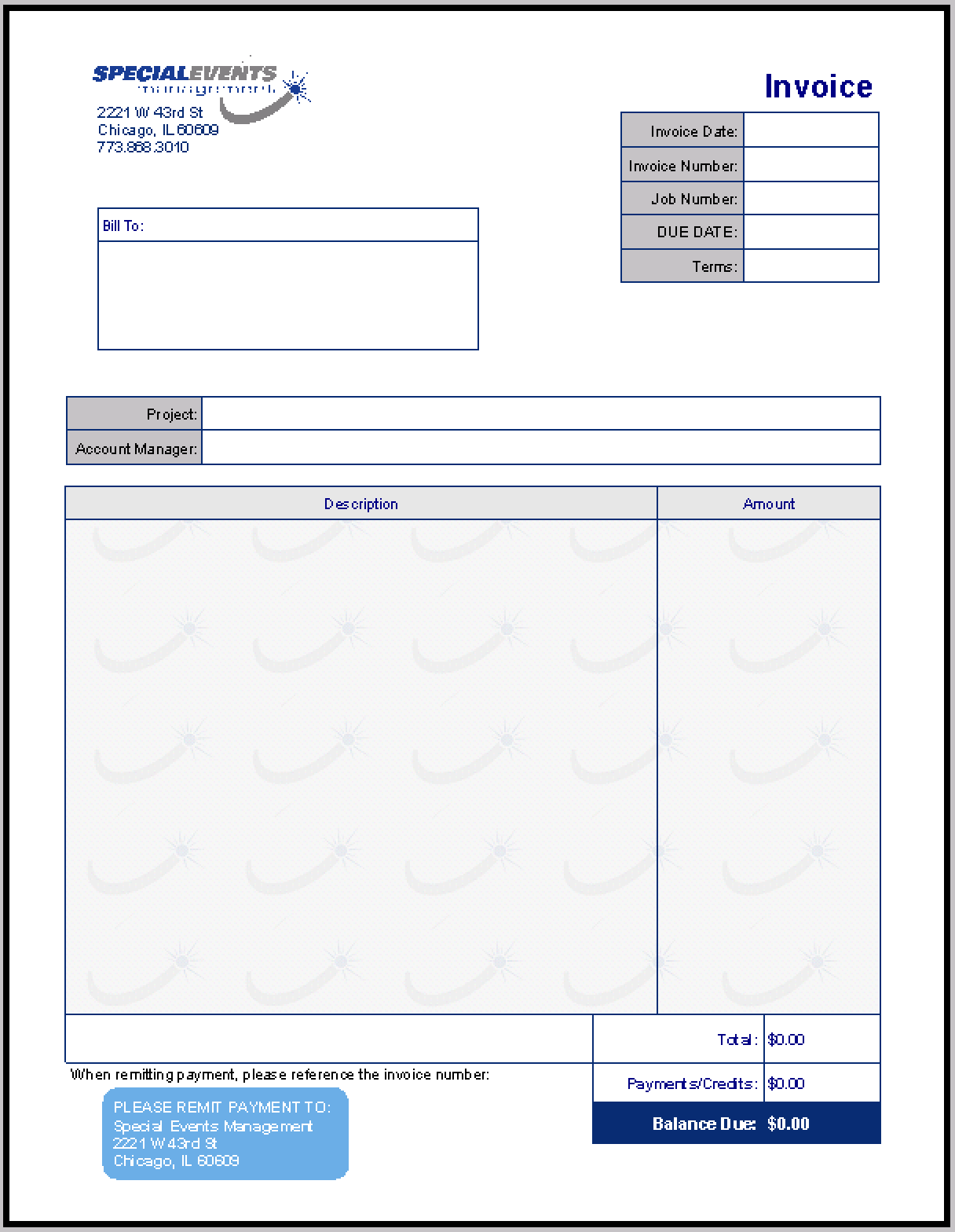 Chicago Special Events Invoice